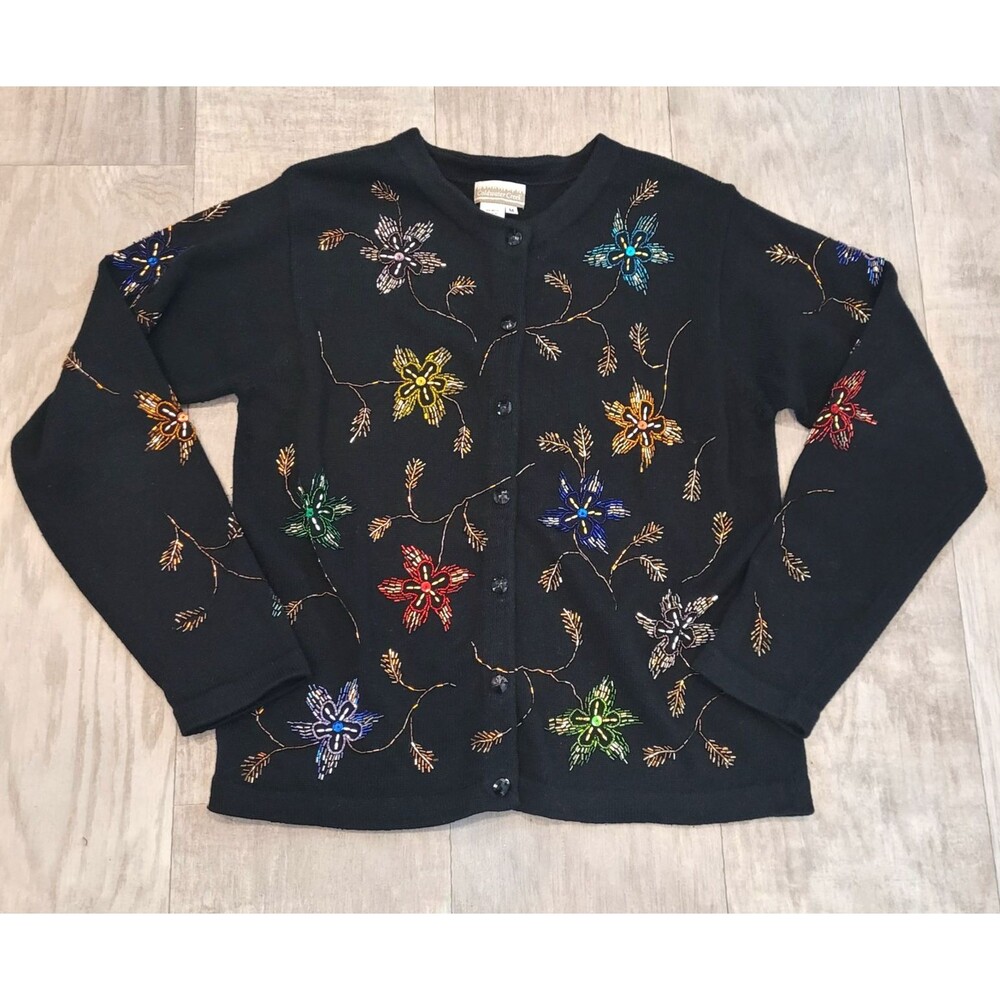 Vintage Coldwater Creek 90's Beaded Sequin Cottage Floral Knit Cardigan Size M